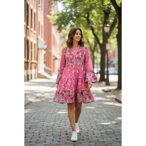 Noracora Unlined Mini Dress S Pink Floral Paisley Tiered Bell Sleeve Boho NWT